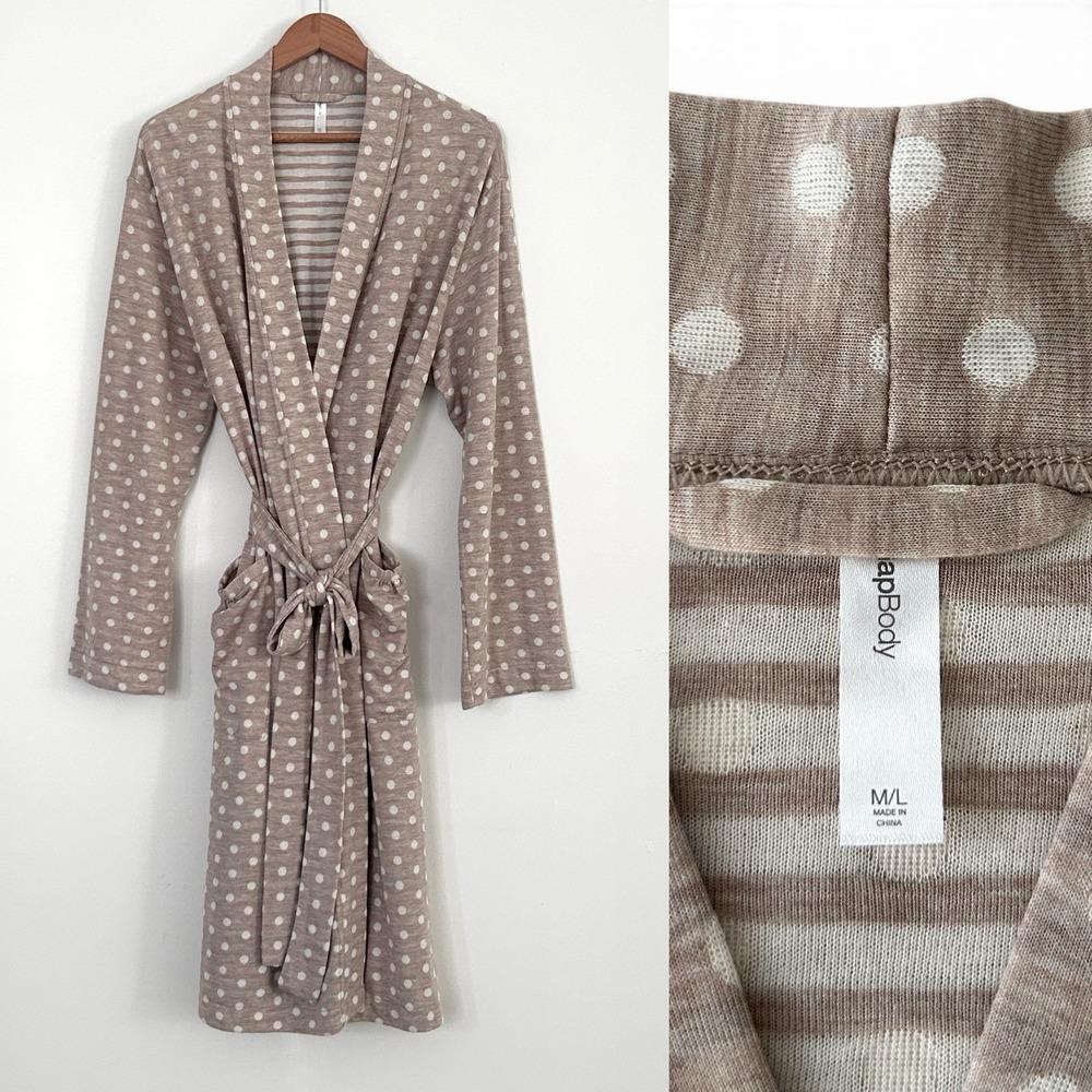 Gap Body Women Size M/L Oatmeal Beige Multicolor Polka Dot Stripe Knit Robe NWT